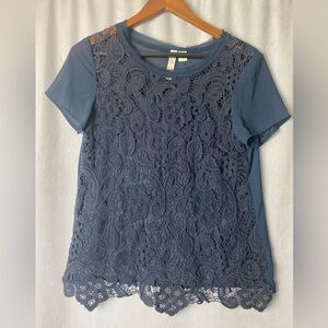 Adiva Blue Lace Front Scalloped Hem Coquette Glam  Short Sleeve Sheer Blouse M